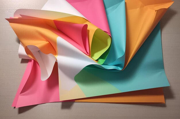 Flat lay of two colorful paper sheets with bent corners