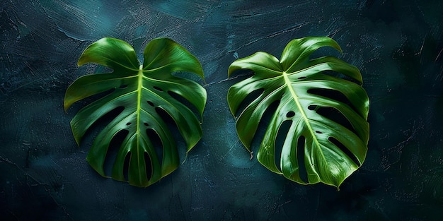 Flat Lay of Two Monstera Leaves with Copy Space