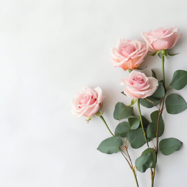 Photo flat lay of valentine's day concept with flowers and bouquet of beautiful pink roses with copy space