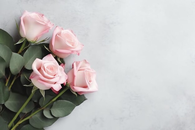 Flat lay of valentine's day concept with flowers and bouquet of beautiful pink roses with copy space
