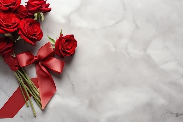 Flat lay of valentine's day concept with flowers and bouquet of beautiful pink roses with copy space