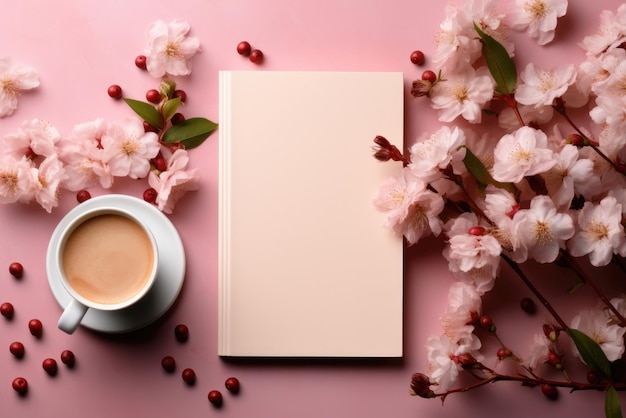 Flat lay van boek met een lege roze mock-up cover en bloemen met een cappuccino beker op de achtergrond