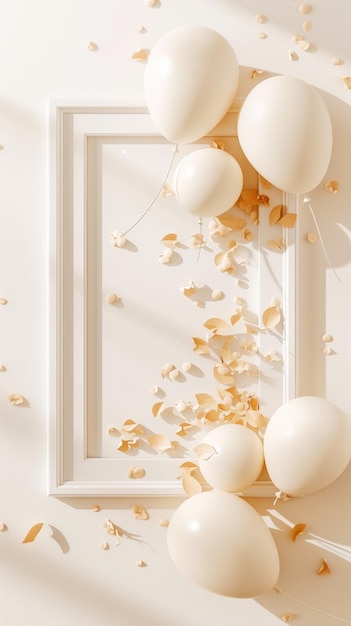 Flat lay van esthetisch frame met ballonnen en confetti Beige kleurpalet Advertising Generative AI