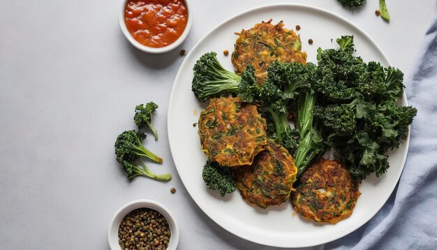 Flat lay van gebakken groente fritters met broccoli boerenkool en kapers