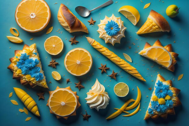 Foto flat lay van heerlijke citroen en sinaasappel cakes op blauwe achtergrond generatieve ai