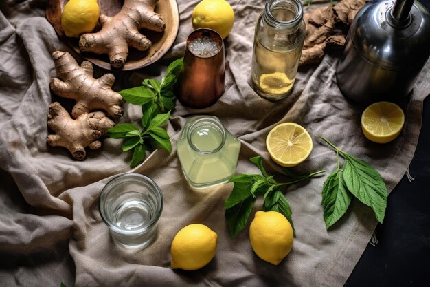 Flat lay van zelfgemaakte ginger ale ingrediënten op een deken gemaakt met generatieve ai