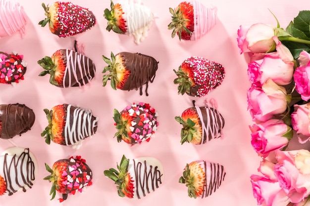 Flat lay Variety of chocolate dipped strawberries on a pink background