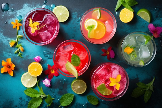 Photo flat lay of a variety of iced fruit teas with fruit skewers