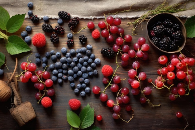 Flat lay of various berries on rustic table created with generative ai