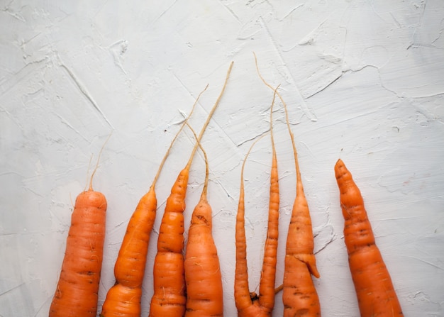 Flat lay of various carrots in different shapes