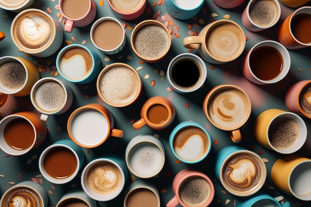 さまざまなコーヒーカップの平面レイアウト Generative AI