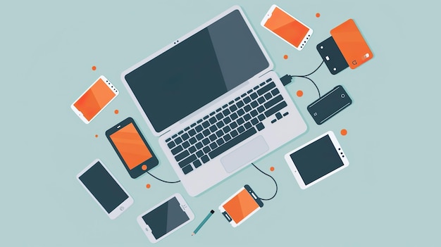 Photo flat lay of various devices and gadgets surrounding a laptop