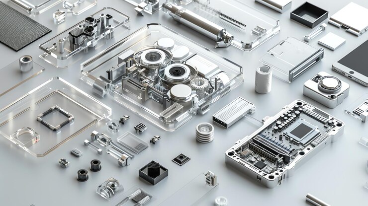 Photo a flat lay of various electronic components and circuit boards on a gray background