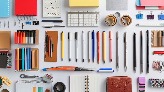 A flat lay of various office supplies on a white surface