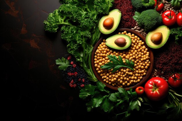 Flat lay vegan food on the table with copy space Soybeans avocados tomatoes broccoli and greens