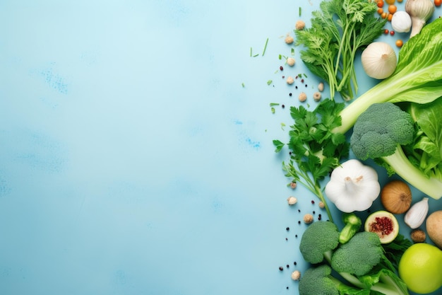 Flat lay of vegan ingredients green vegetables herbs light blue background napkin top view copy spac