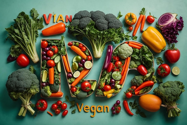 flat lay vegan word with vegetable letters