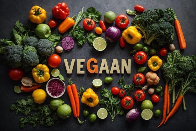 flat lay vegan word with vegetable letters