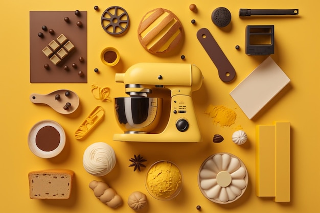 Flat lay view of bakery equipment tools isolated on a yellow background generative ai