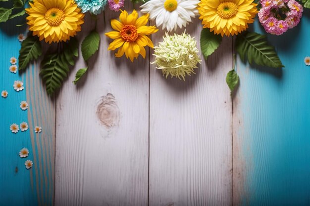 Flat lay view of flower on wood background vintage color