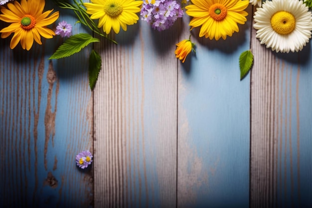 Flat lay view of flower on wood background vintage color