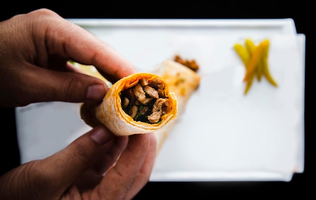 Flat lay view of tantuni kebab