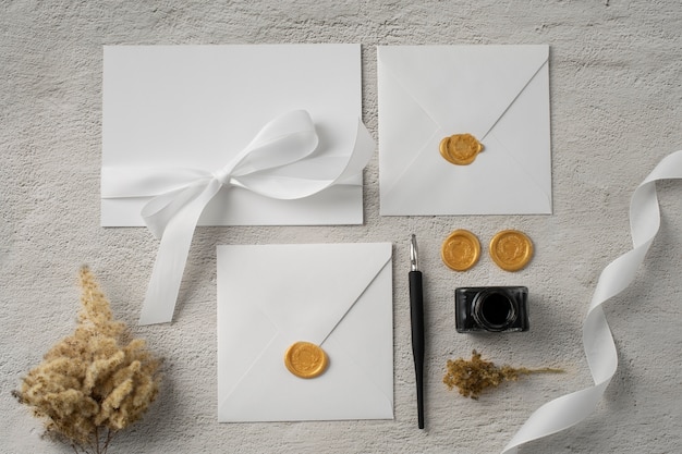 Flat lay of wedding paper and envelope with ink and pen