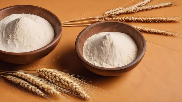 Flat lay of wheat flour in wooden bowl with wheat spikelets on colored background world wheat crisis