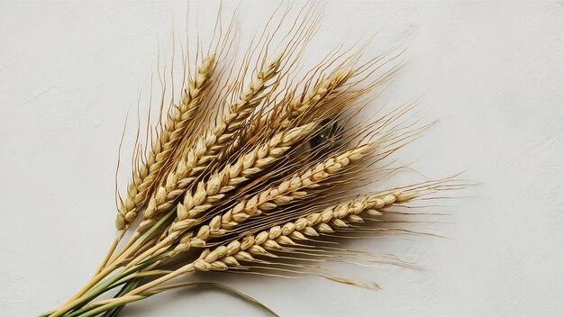 Flat lay of wheat spikelets bundle on white surface