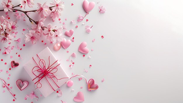 Flat lay white background with gift box and valentines day decor details