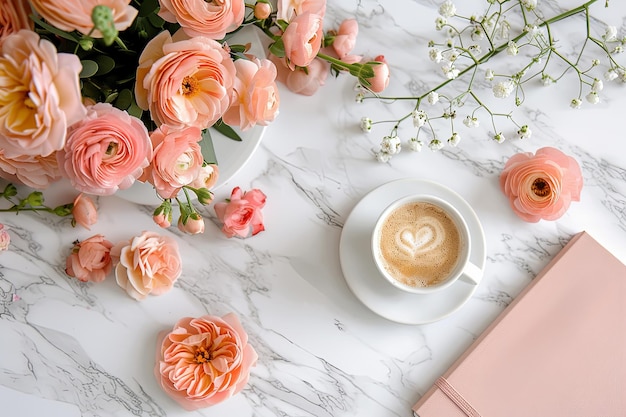 Foto tazza di caffè bianca piatta su un tavolo con fiori d'arancia concetto di calore e conforto