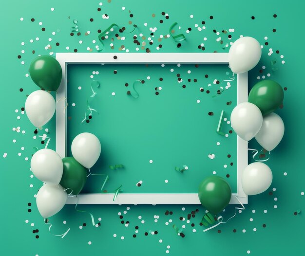 Flat lay of white frame with balloons and confetti Green color palette Advertising Generative AI