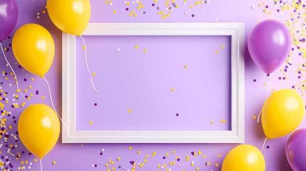 Flat lay of white frame with balloons and confetti Purple and yellow colors Generative AI