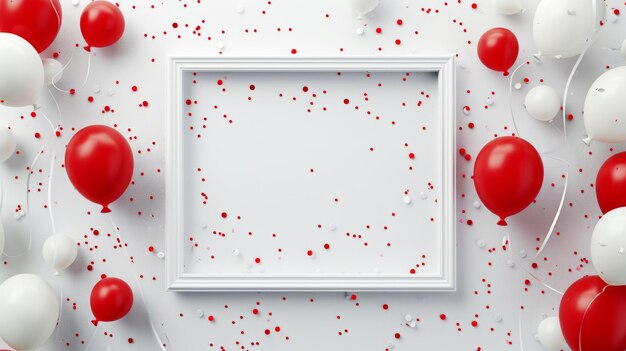 Flat lay of white frame with balloons confetti Red color palette Advertising banner Generative AI