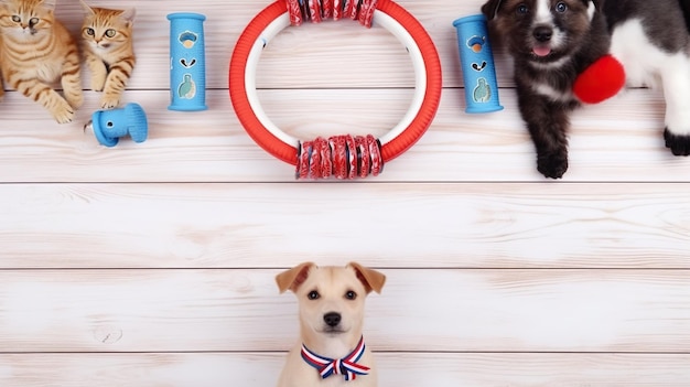 Flat lay with accessories for dog and cat on white