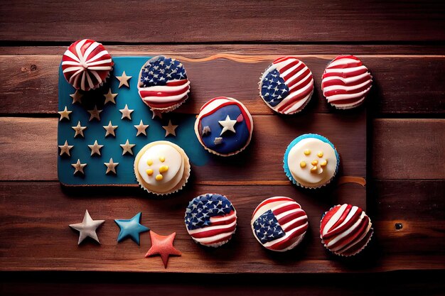 木製の卓上の大統領の日のお祝いにカップケーキとアメリカ国旗を並べたフラットレイアウト