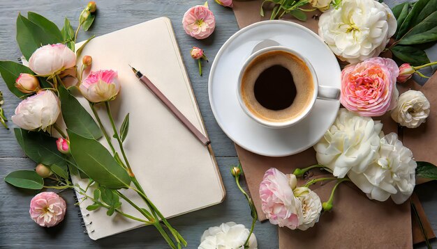 Photo flat lay with beautiful flowers notebook and cup of coffee