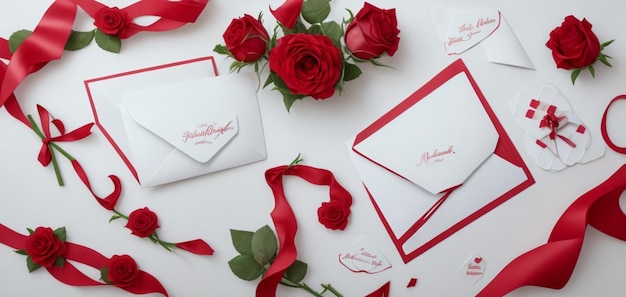 плоская планировка с букетом роз, лентой и конвертом, изолированными на белом празднике Дня святого Валентина