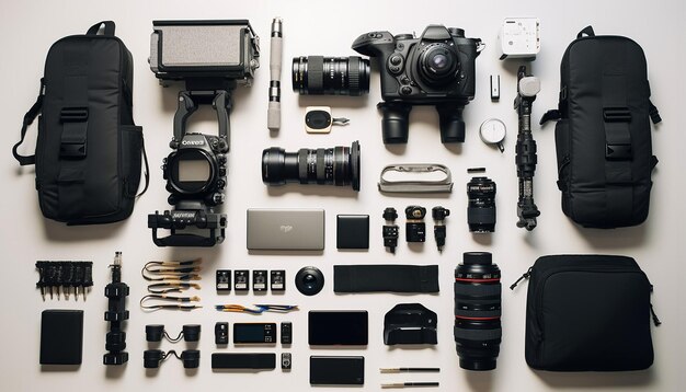 Photo flat lay with camera gear white background