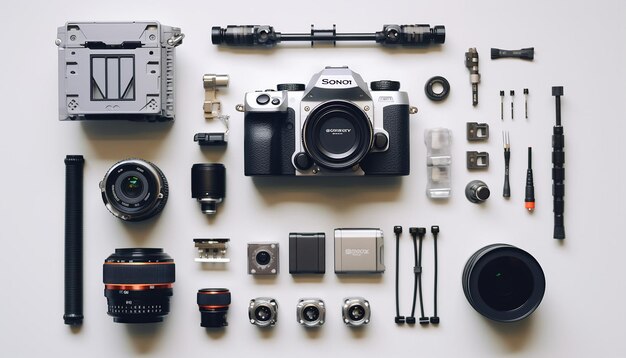 Flat lay with camera gear white background