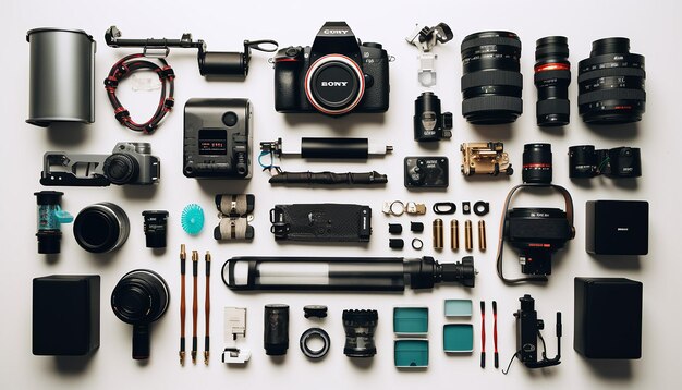 Photo flat lay with camera gear white background