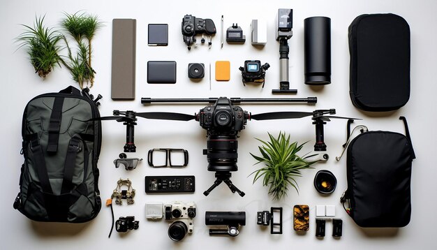 Photo flat lay with camera gear white background