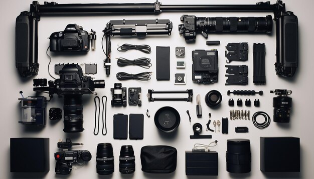 Photo flat lay with camera gear white background