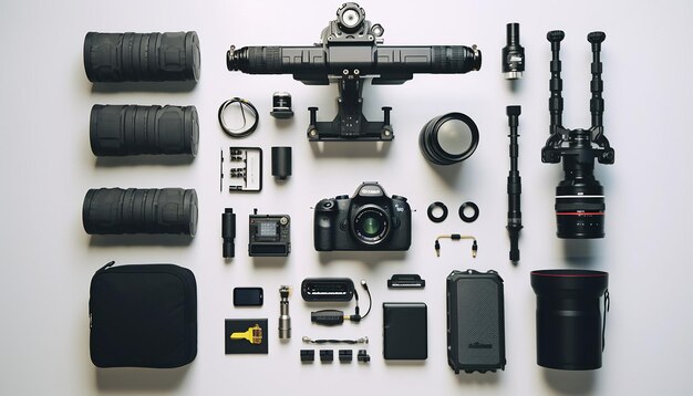 Photo flat lay with camera gear white background