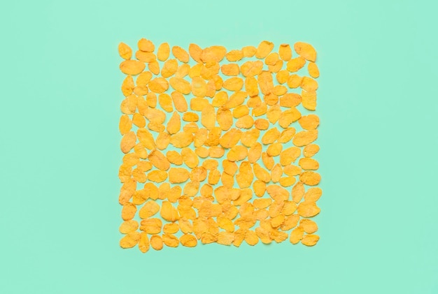 Фото Плоско лежать с кукурузными хлопьями, расположенными в квадрате на зелено-цветной куче кукурузы