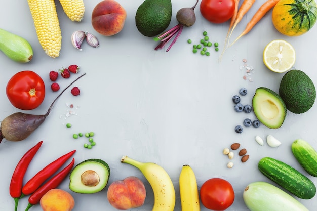 Flat lay with different food, organic vegetables, bio fruits, berries, nut, spices, herb. Copy spac