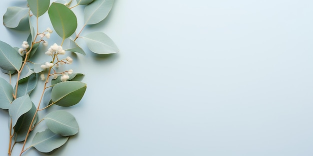 Плоскость с ветвями и листьями эвкалипта на синем фоне эстетическая рамка листьев евкалипта