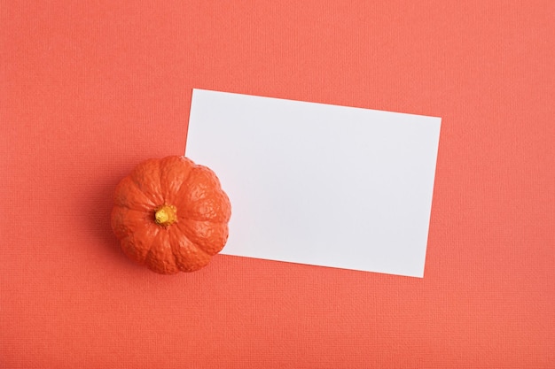 Flat lay with handmade painted gypsum pumpkins and copy space. Autumn holidays, thanksgiving, halloween geeting card, invitation mockup