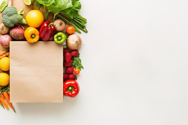 Foto posizionare piatto con sacchetti di carta verdure e frutta su bianco