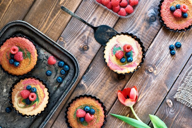 Flat lay with small parrotot cakes decorated with raspberry and blueberry on dark wood